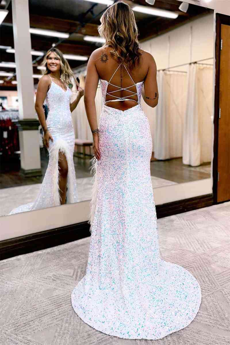 Straps Iridescent White Sequins Long Prom Dress with Slit