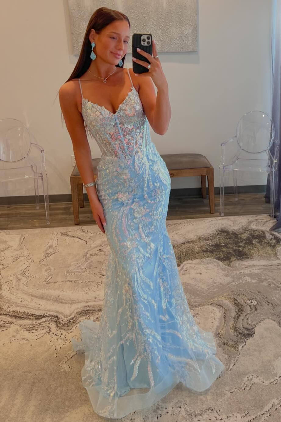 Straps Light Blue V-Neck Sequin Appliques Mermaid Prom Dress