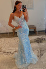 Straps Light Blue V-Neck Sequin Appliques Mermaid Prom Dress