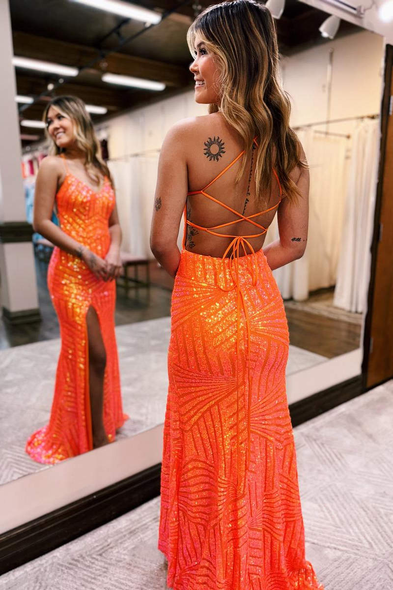 Straps Orange V-Neck Sequin Long Prom Dress with Slit