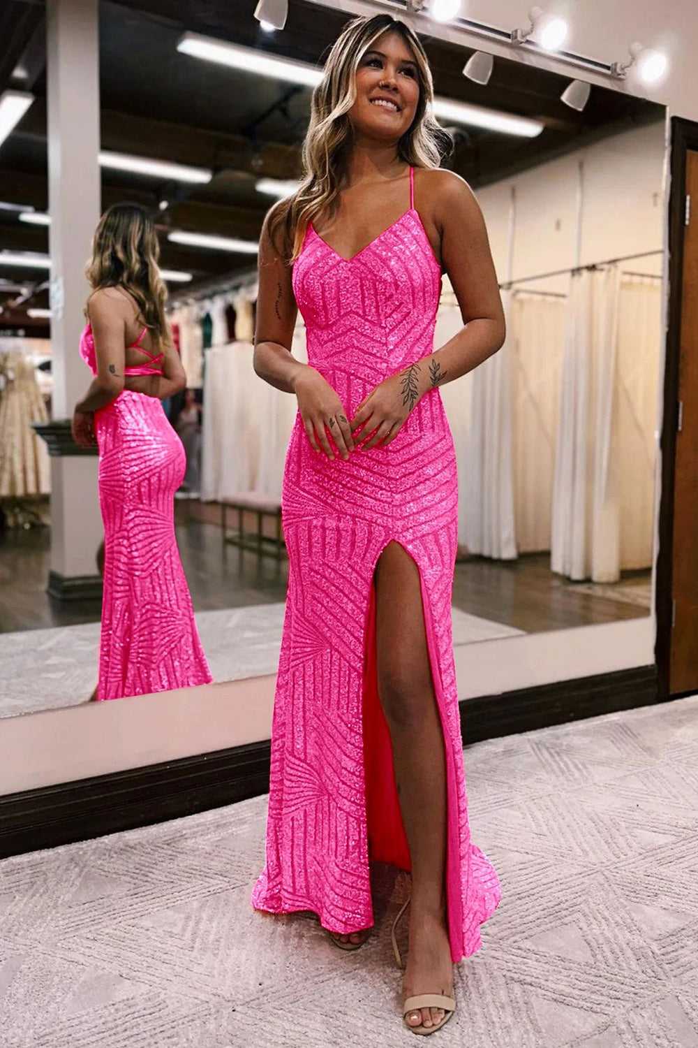 Straps Orange V-Neck Sequin Long Prom Dress with Slit