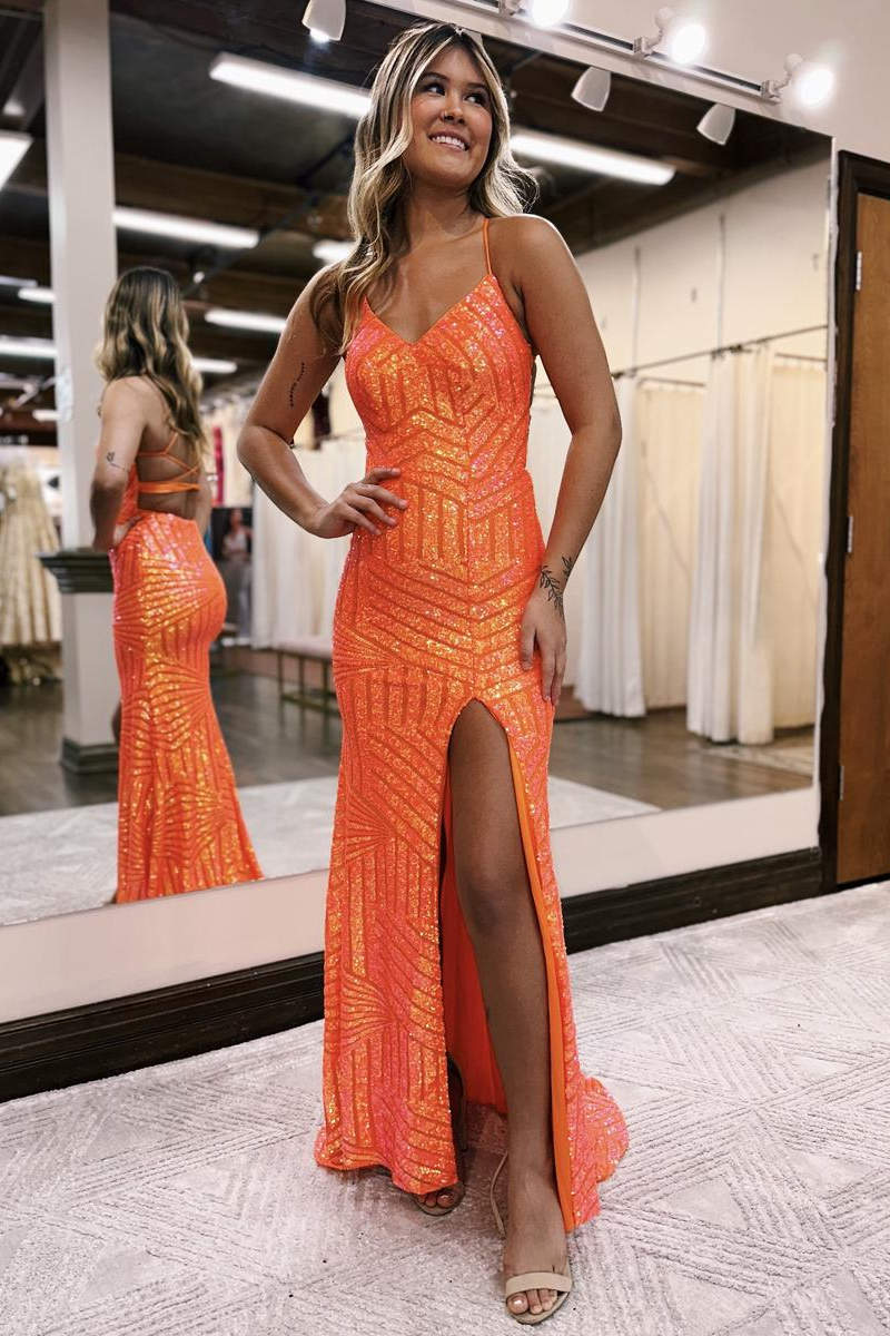 Straps Orange V-Neck Sequin Long Prom Dress with Slit