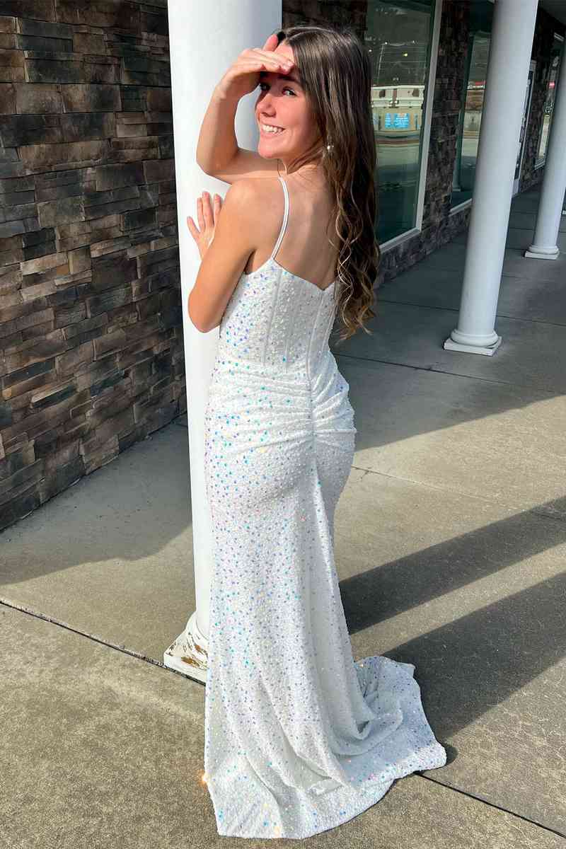 Straps Plunging Neck Navy Sequins Mermaid Prom Dress