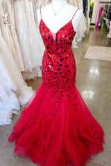 Straps Trumpet Red Sequins Long Prom Dress