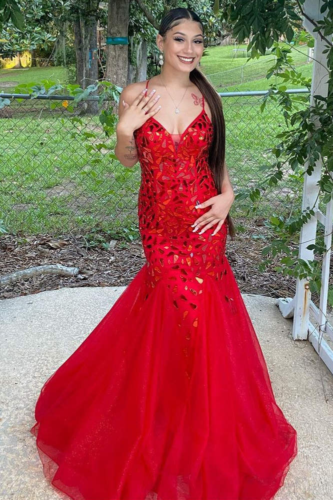 Straps Trumpet Red Sequins Long Prom Dress