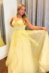 Straps Yellow Appliques A-Line Long Formal Dress