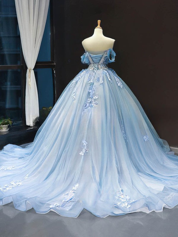 Stunning Beaded Ball Gown Prom Dress with Off-the-shoulder Tulle Sweep Train