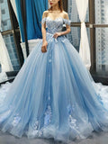 Stunning Beaded Ball Gown Prom Dress with Off-the-shoulder Tulle Sweep Train