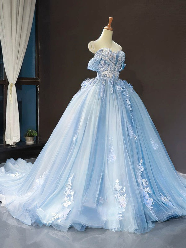 Stunning Beaded Ball Gown Prom Dress with Off-the-shoulder Tulle Sweep Train