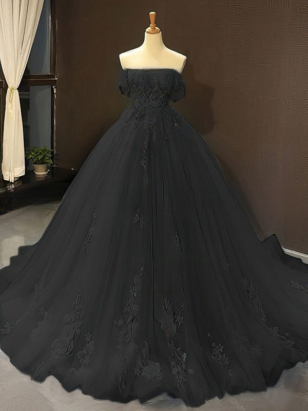 Stunning Beaded Ball Gown Prom Dress with Off-the-shoulder Tulle Sweep Train