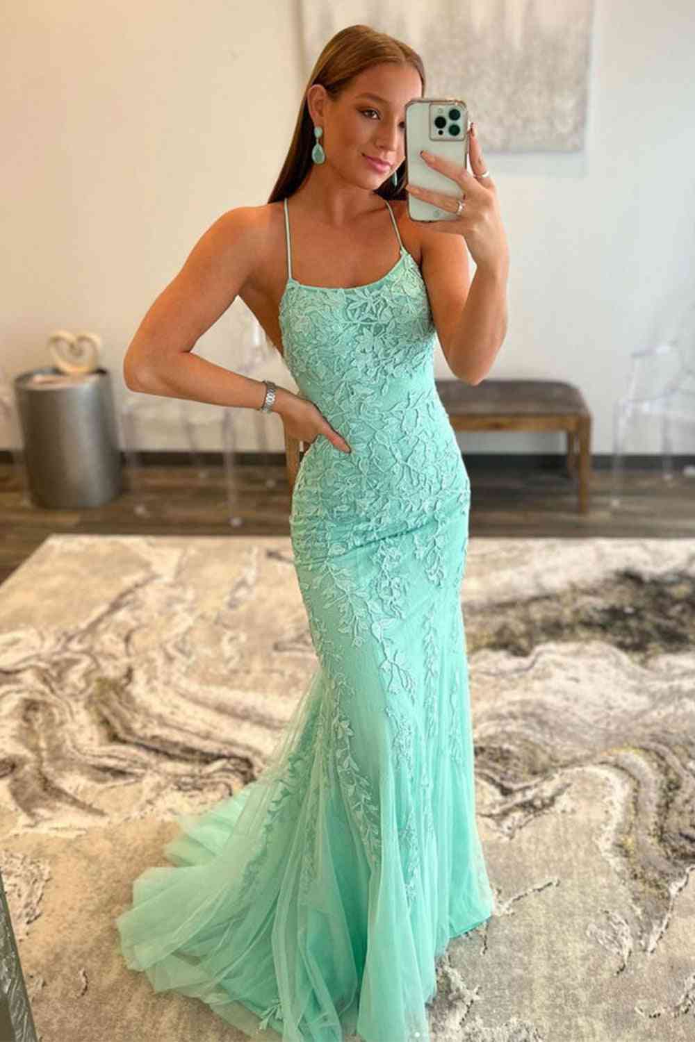 Stunning Blue Lace Appliqus Long Prom Dress