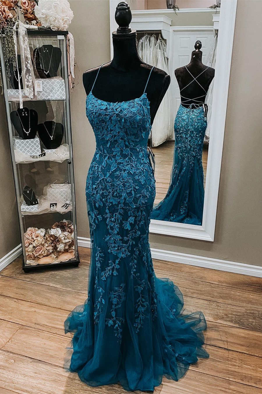 Stunning Blue Lace Appliqus Long Prom Dress