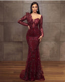 Stunning Burgundy Long Mermaid Sweetheart Lace Tulle Formal Evening Dresses-27Dress