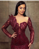 Stunning Burgundy Long Mermaid Sweetheart Lace Tulle Formal Evening Dresses-27Dress