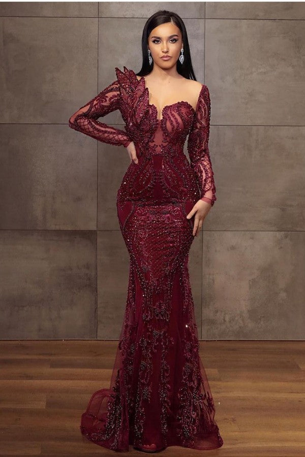 Stunning Burgundy Long Mermaid Sweetheart Lace Tulle Formal Evening Dresses-27Dress