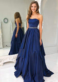 Stunning Charmeuse Prom Dress with Beading and A-line Strapless Sweep Train-27dress