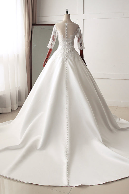 Stunning Jewel Satin Tulle White Wedding Dress Half Sleeves Appliques Bridal Gowns Online-27dress