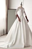 Stunning Jewel Satin Tulle White Wedding Dress Half Sleeves Appliques Bridal Gowns Online-27dress