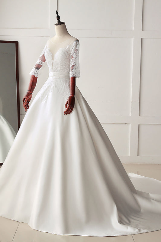 Stunning Jewel Satin Tulle White Wedding Dress Half Sleeves Appliques Bridal Gowns Online-27dress