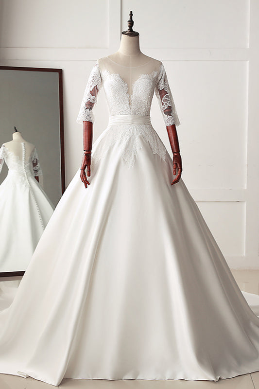Stunning Jewel Satin Tulle White Wedding Dress Half Sleeves Appliques Bridal Gowns Online-27dress