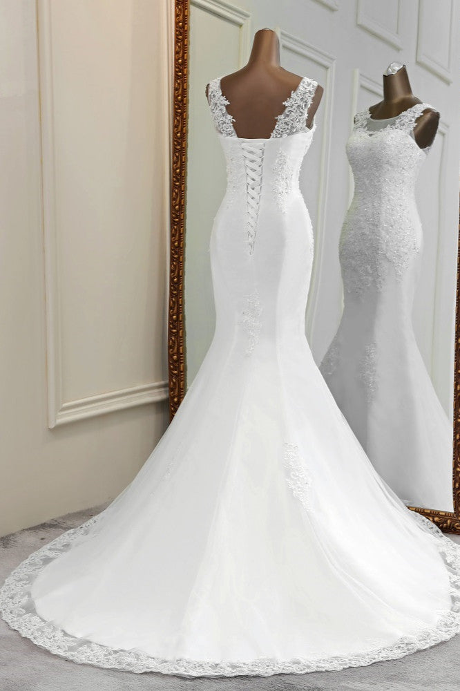 Stunning Jewel Sleeveless White Wedding Dresses White Mermaid Beadings Bridal Gowns-27dress