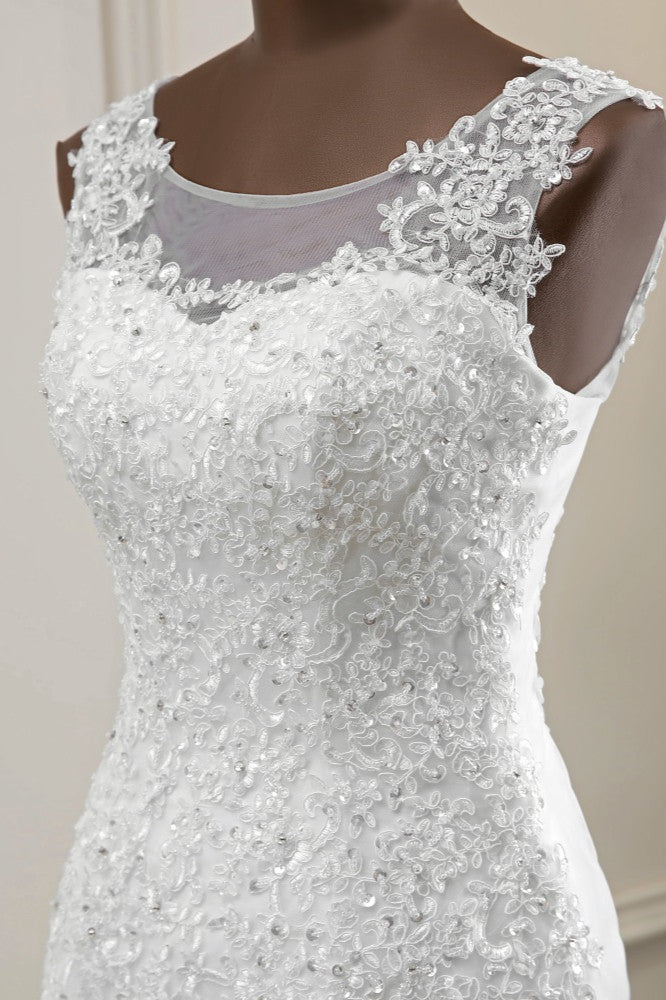 Stunning Jewel Sleeveless White Wedding Dresses White Mermaid Beadings Bridal Gowns-27dress