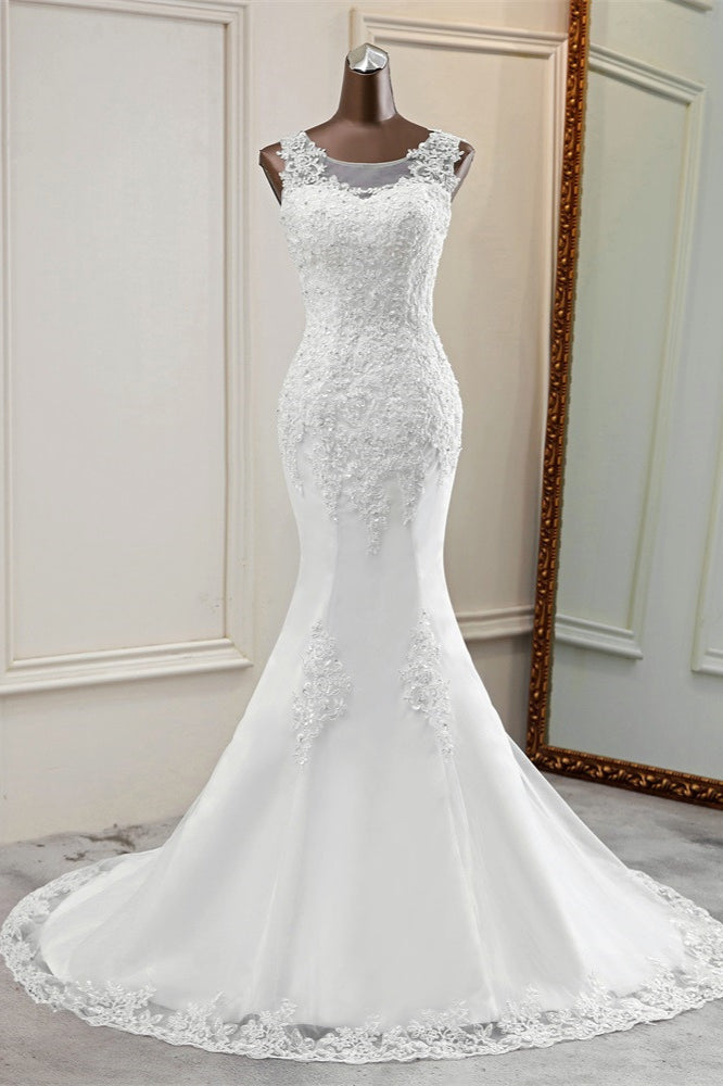 Stunning Jewel Sleeveless White Wedding Dresses White Mermaid Beadings Bridal Gowns-27dress