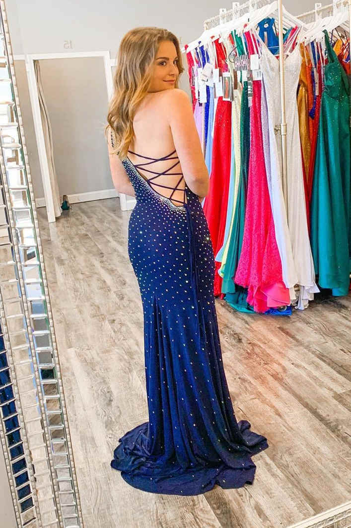 Stunning Navy Blue Long Prom Dress with Rhinestones