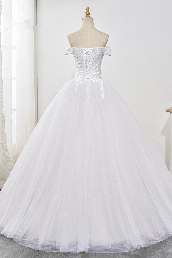 Stunning Off-the-Shoulder Ball Gown White Tulle Wedding Dress Sweetheart Sleeveless Beadings Bridal Gowns Online-27dress