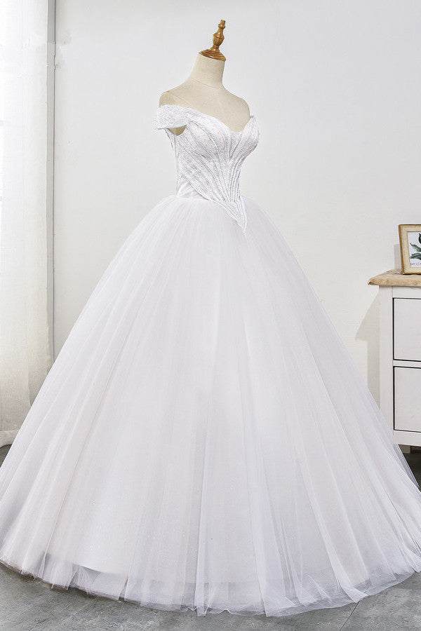 Stunning Off-the-Shoulder Ball Gown White Tulle Wedding Dress Sweetheart Sleeveless Beadings Bridal Gowns Online-27dress