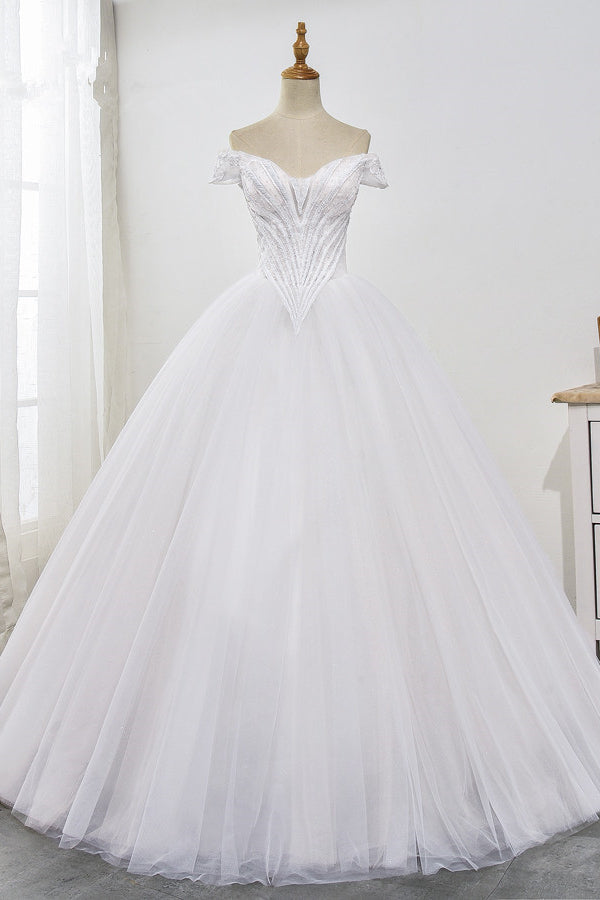 Stunning Off-the-Shoulder Ball Gown White Tulle Wedding Dress Sweetheart Sleeveless Beadings Bridal Gowns Online-27dress