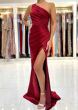 Stunning One-Shoulder Long Prom Dress with Split Pleated Sheath/Column Silky Satin Skirt-27dress