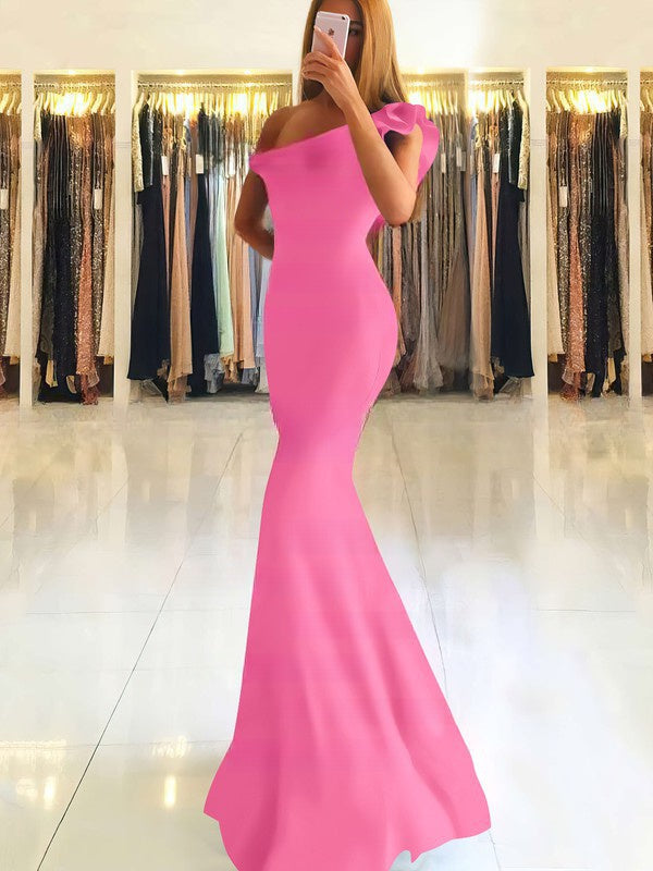 Stunning One Shoulder Stretch Crepe Prom Dresses with Ruffles - Trumpet/Mermaid Style