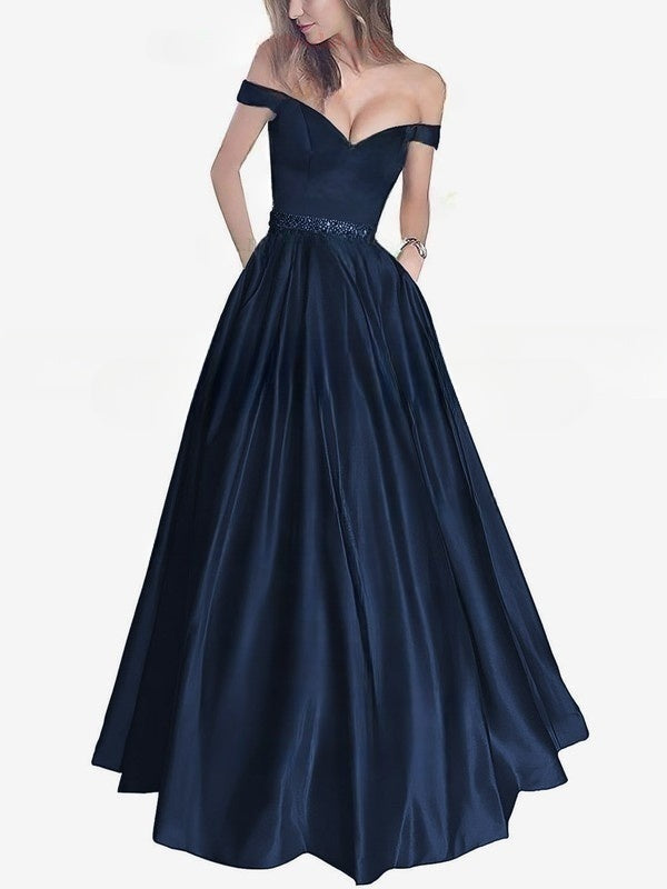 Stunning Satin Ball Gown for Prom - Off-the-shoulder Beading Detail