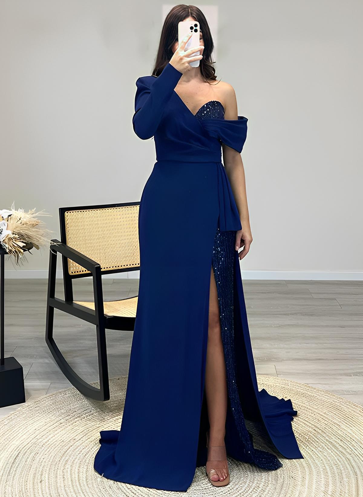 Stunning Satin Prom Dress with Split Front & Long Sleeves Sweep Train-27dress