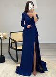 Stunning Satin Prom Dress with Split Front & Long Sleeves Sweep Train-27dress