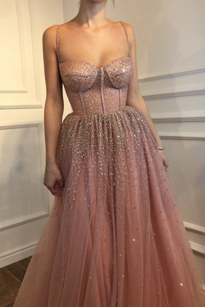 Stunning Spaghetti Straps Blush Pink Long Prom Dress