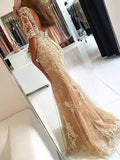 Stunning Trumpet/Mermaid Prom Dress with Scoop Neck, Tulle Sweep Train and Appliques Lace Details