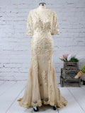 Stunning Trumpet/Mermaid Prom Dress with Scoop Neck, Tulle Sweep Train and Appliques Lace Details