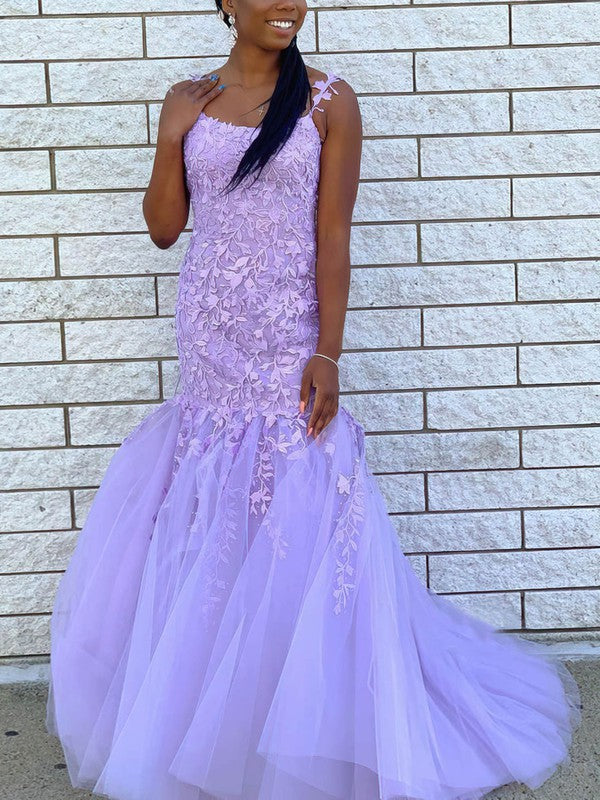 Stunning Tulle Appliques Lace Trumpet/Mermaid Prom Dress with Sweep Train Scoop Neck