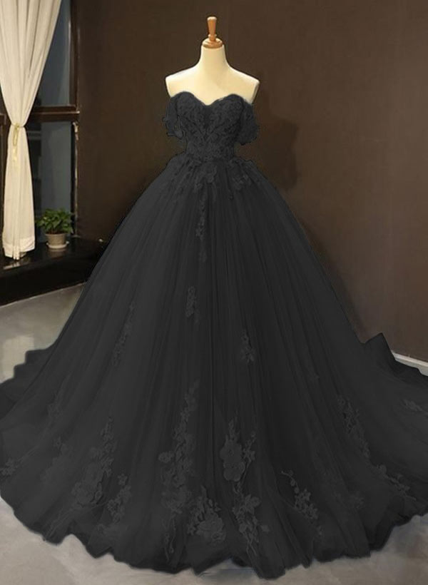 Stunning Tulle Off-the-Shoulder Prom Dress With Appliques Lace-27dress