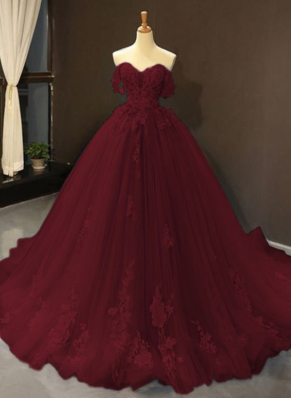 Stunning Tulle Off-the-Shoulder Prom Dress With Appliques Lace-27dress