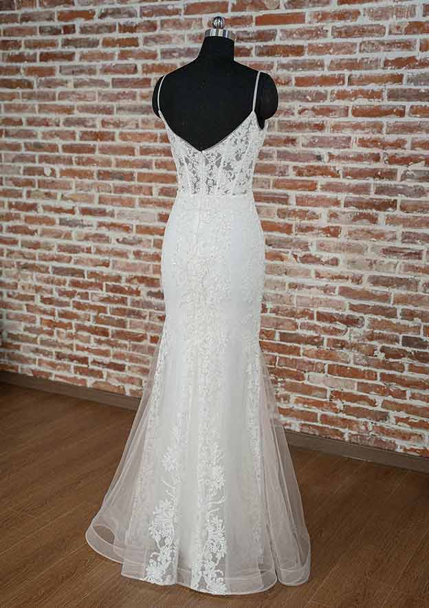 Stunning Tulle Prom Dress With Appliqued Beading - Trumpet/Mermaid V Neck Spaghetti Straps Long/Floor-Length-27dress