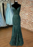 Stunning Tulle Prom Dress With Appliqued Beading - Trumpet/Mermaid V Neck Spaghetti Straps Long/Floor-Length-27dress