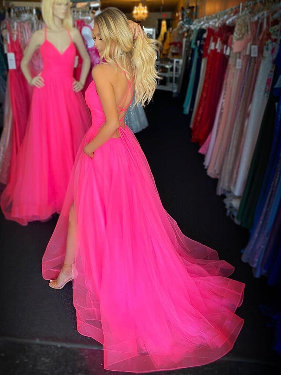 Stylish A-line V Neck Backless Tulle Long Prom Dresses with Leg Slit-27Dress