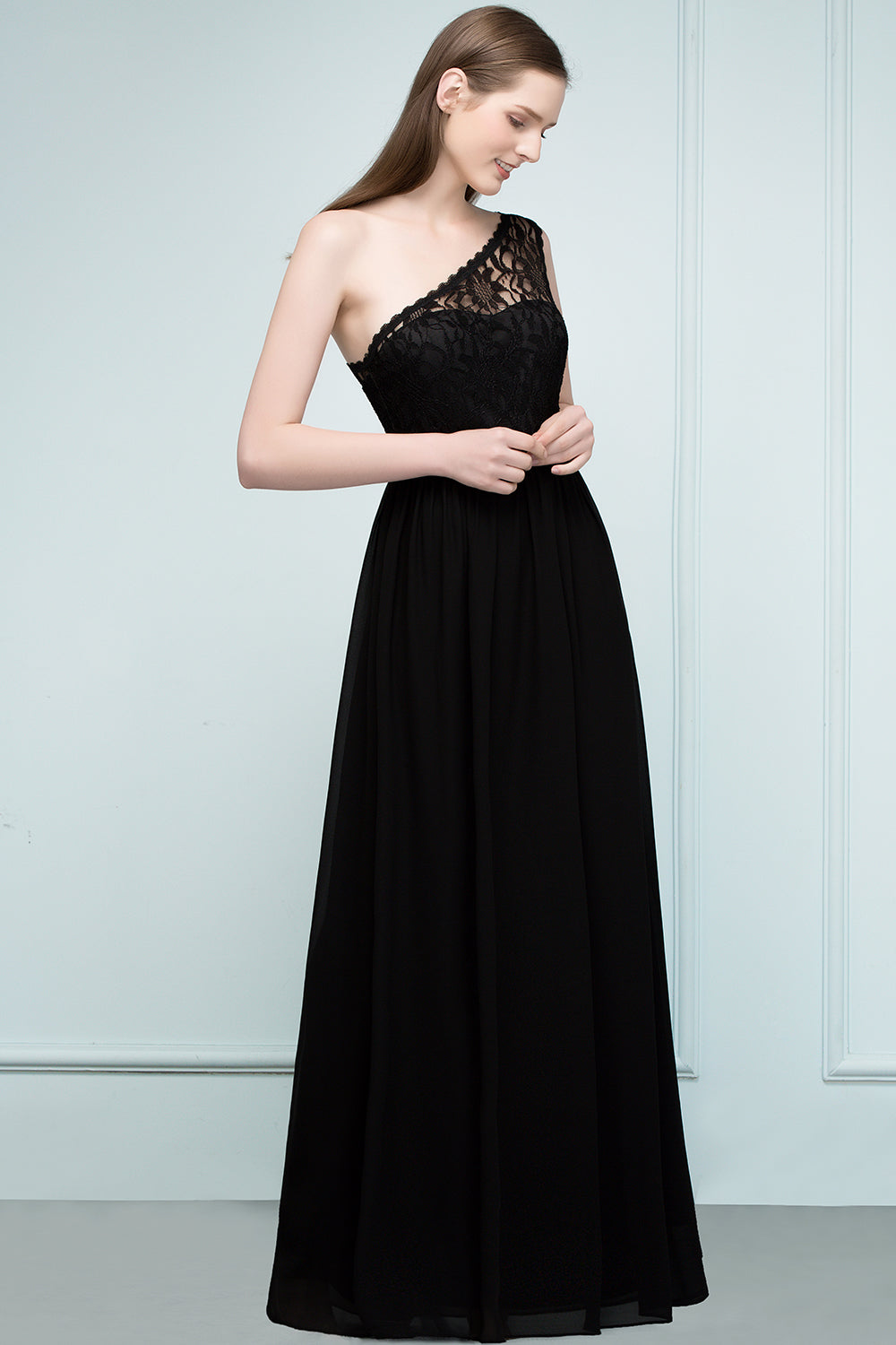 Stylish Black Chiffon One-Shoulder Lace Affordable Bridesmaid Dresses-27dress