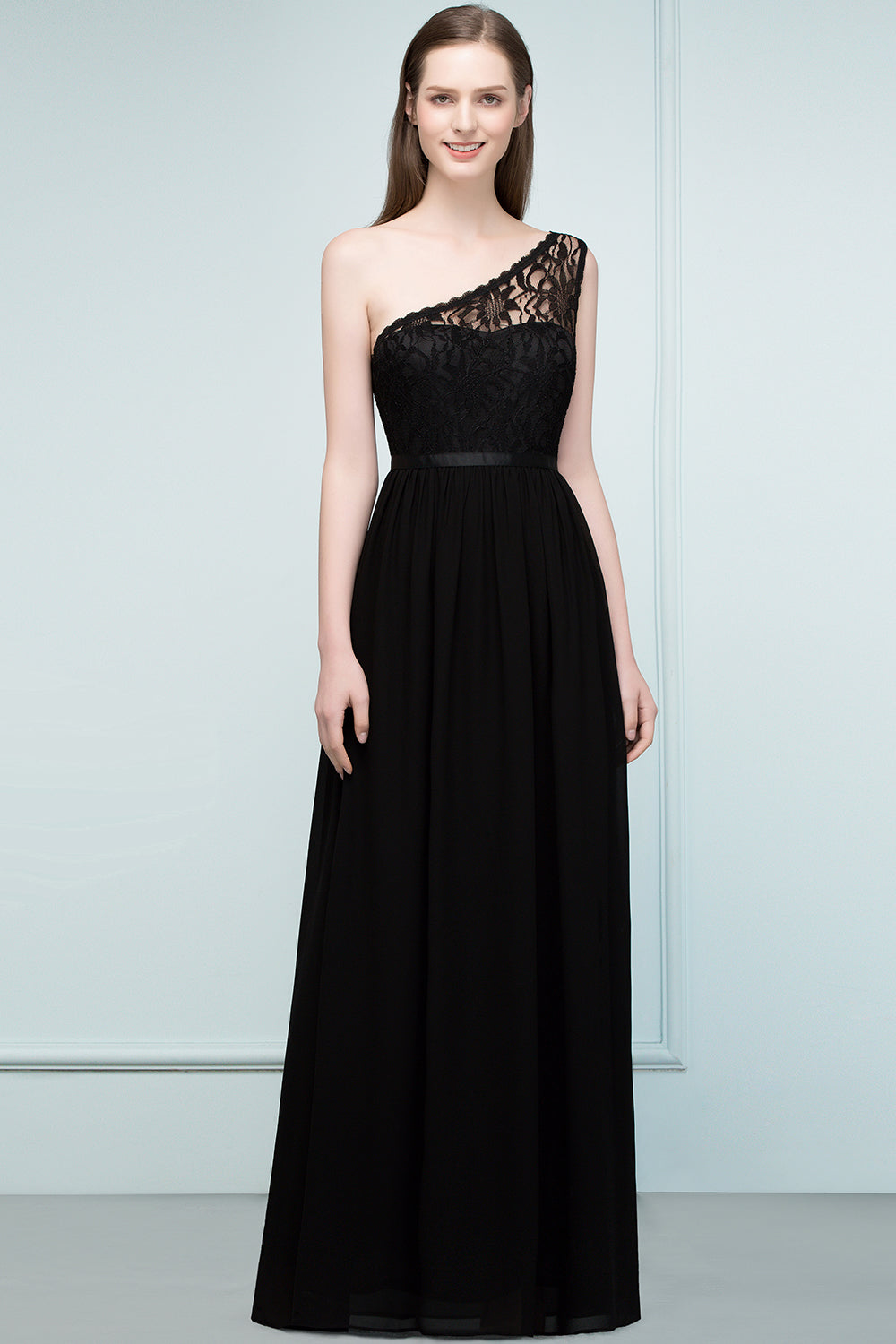 Stylish Black Chiffon One-Shoulder Lace Affordable Bridesmaid Dresses-27dress