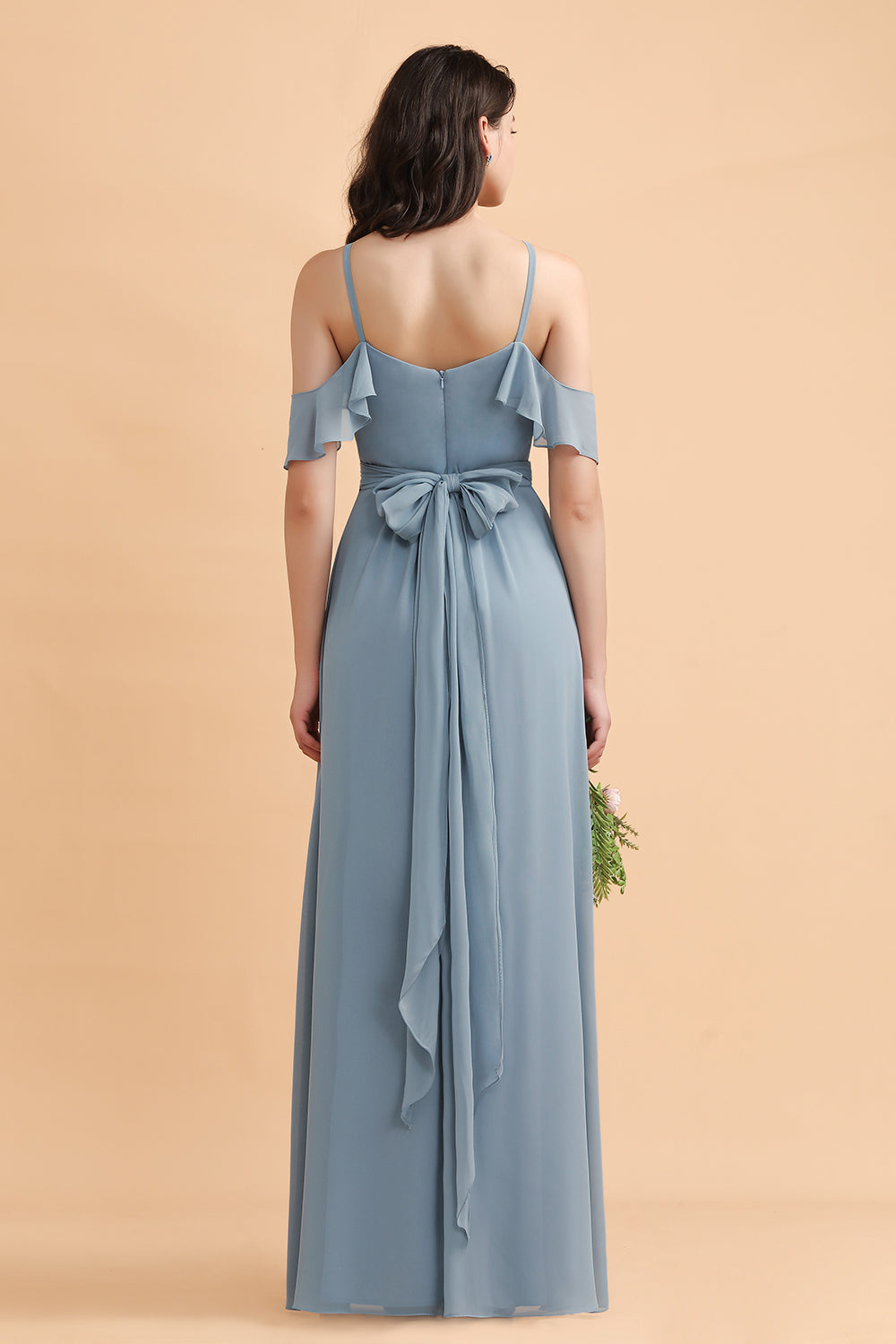 Stylish Cold-Shoulder Ruffles Chiffon Bowknot Bridesmaid Dress with Pockets On Sale-27dress