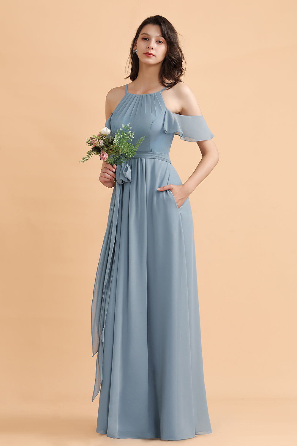 Stylish Cold-Shoulder Ruffles Chiffon Bowknot Bridesmaid Dress with Pockets On Sale-27dress