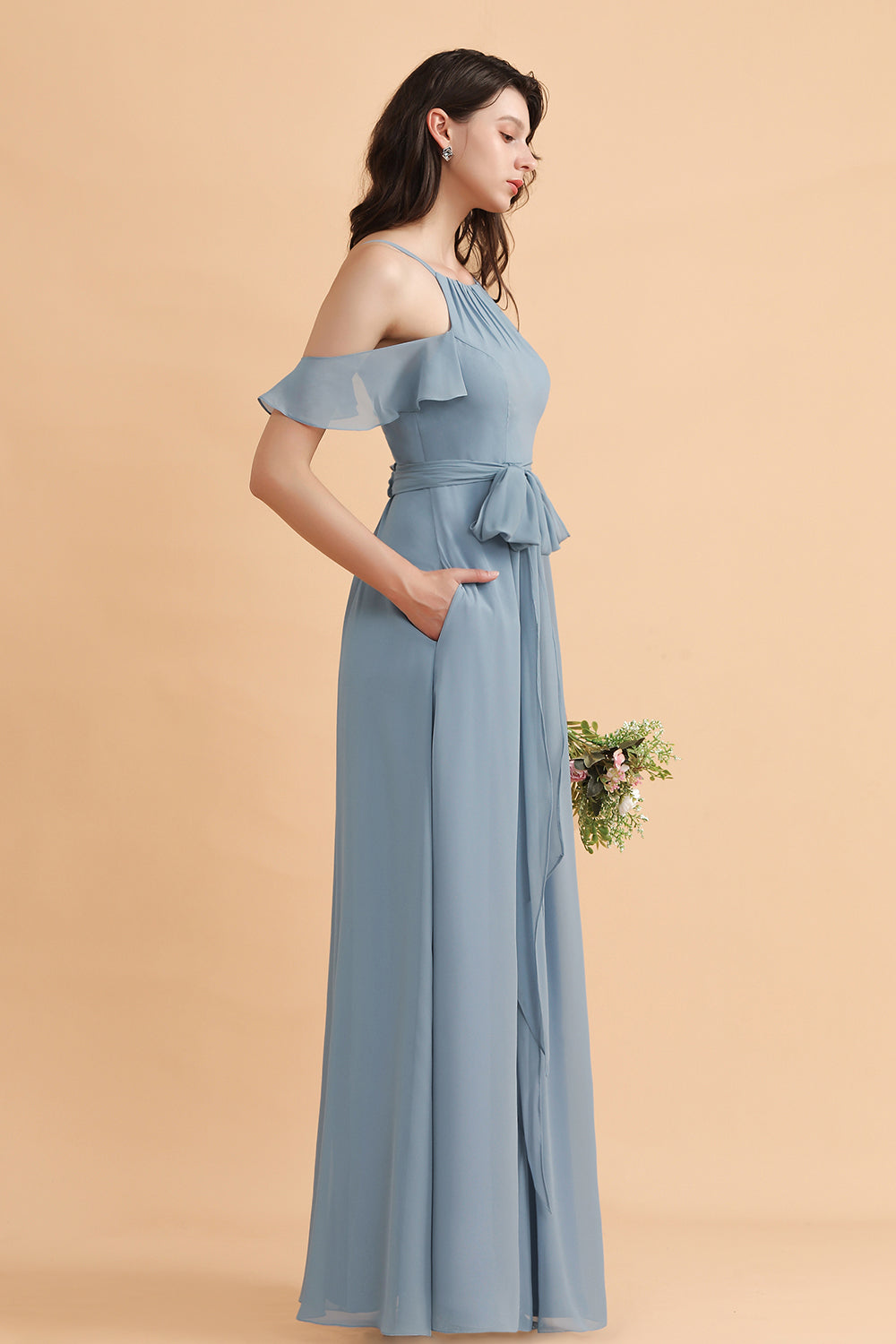 Stylish Cold-Shoulder Ruffles Chiffon Bowknot Bridesmaid Dress with Pockets On Sale-27dress